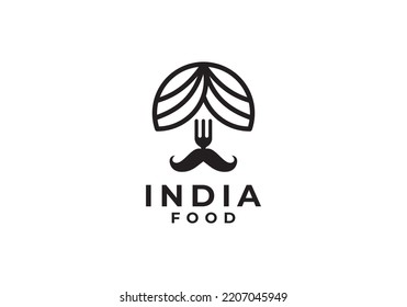 turban fork mustache indian food icon design logo