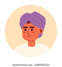 Turban indian man relaxed standing 2D vector avatar illustration. Cheerful adult south asian cartoon character face. Positive confident headshot posing flat color user profile image isolated on white
