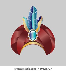 Turban. Islamic Headgear. Arabic Satin Hat with Feathers and Jewels. Vector illustration.