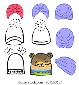 Turban or shower cap, knitted hat outlined oil pastel template sketch (front, back, side views), vector illustration isolated on white background