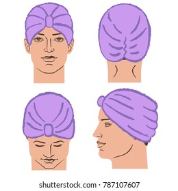 Turban or shower cap outlined oil pastel template sketch (front, back, side views) and man head, vector illustration isolated on white background