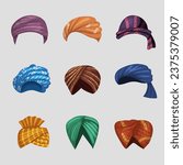 Turbans. Authentic arabian head clothes indian turbans recent vector cartoon illustrations