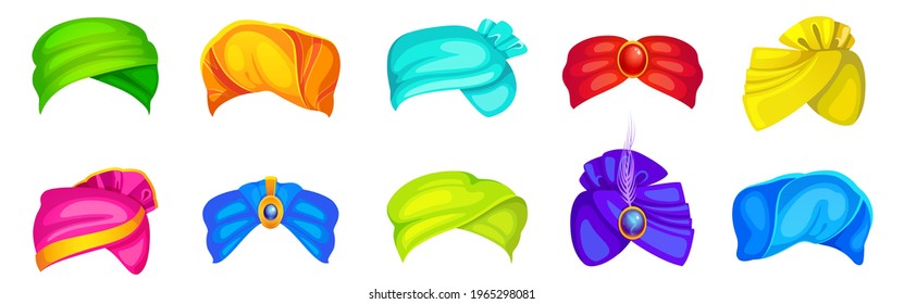 Turbans, indian and arab colorful headdress for man and woman. Vector cartoon set of winding headscarves decorated by gem and feather. Traditional clothes in India, pagdi isolated on white background