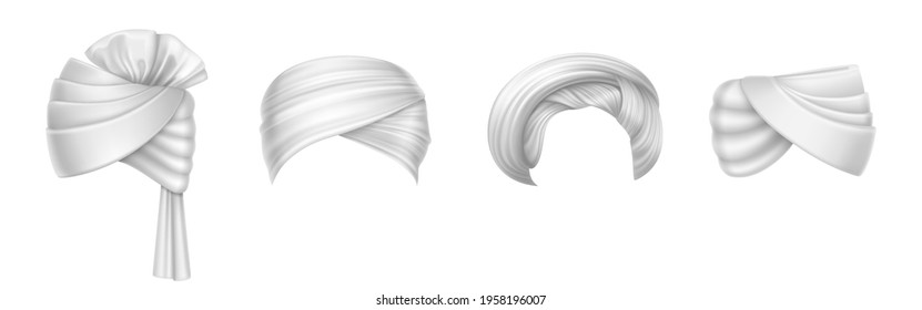 Turbans, indian and arab headdress for man and woman. Vector realistic set of blank winding headscarves, traditional clothes in India, pagdi isolated on white background