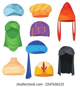 Turbans set. Indian or arab traditional head covering. Colorful headdress for man and woman in different types and colors. Culture clothing, oriental cultures headdress, ethnic arabian accessories