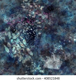 Turbid background with randomly intermixed ovals, leaves, triangular elements, stylized feathers. Abstract seamless background. Grunge pattern.