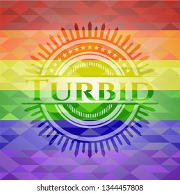 Turbid emblem on mosaic background with the colors of the LGBT flag