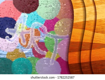 Turbid multicolored circles with the text ART. Stylistic wooden waves with shadows EPS10