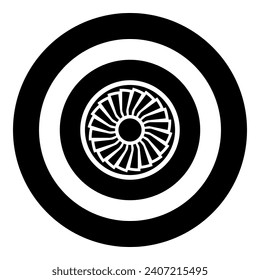 Turbine airplane turbomachine jet engine aircraft motor fan plane icon in circle round black color vector illustration image solid outline style