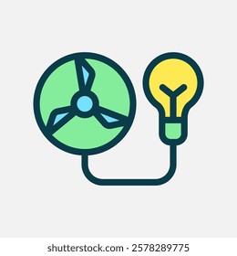 turbine and bulb lamp icon Flat line color, free energy, ecology, renewable and green energy concept. Line and flat color icon.