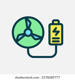 turbine charge battery icon Flat line color, free energy, ecology, renewable and green energy concept. Line and flat color icon.