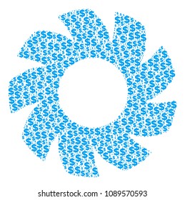 Turbine collage of dollars and spheric dots. Vector dollar currency icons are organized into turbine collage.