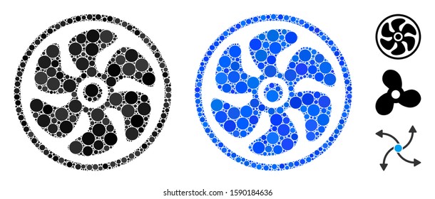 Turbine composition of small circles in various sizes and shades, based on turbine icon. Vector small circles are united into blue mosaic. Dotted turbine icon in usual and blue versions.