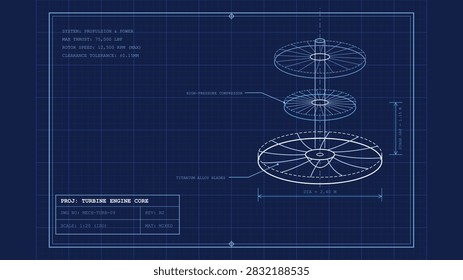 Turbine engine core propulsion system blueprint professional technical engineering drafting illustration mechanical design schematic for industrial manufacturing