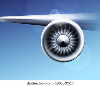 Turbine engine jet for airplane with fan blades in a circular motion. Vector illustration for aircraft industry. Close-up on a blue sky background