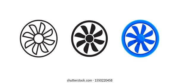 Turbine or fan icon design collection, outline editable stroke, glyph and color style