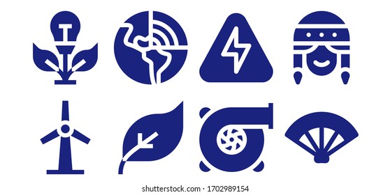 conjunto de iconos de turbina. 8 iconos rellenos de turbina.  Iconos modernos sencillos, como: Molino de viento, energía verde, geotérmica, Turbo, energía, ventilador