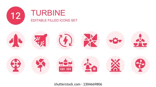 turbine icon set. Collection of 12 filled turbine icons included Airplane, Eco energy, Pinwheel, Fan, Eolical, Windmill