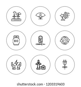 Turbine icon set. collection of 9 outline turbine icons with biogas, green energy, eolical, fan, renewable energy, reuse water, save energy icons. editable icons.