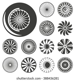 turbine icons set, airplane engine icons, jet engine icons