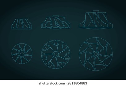 Turbine impellers blueprints stylized vector illustration