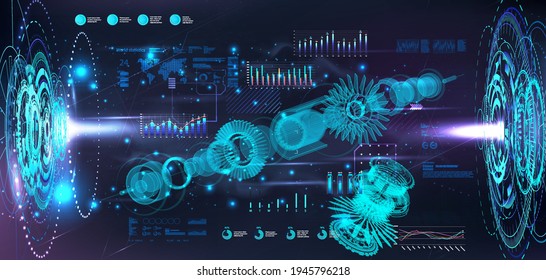 Turbine Jet Engine Blueprint In Hologram Projectors With HUD Interface. 3D Gears Xray. Industry 4.0 And Hi-tech Technology Futuristic Engineering Concept. Sci-fi Jet Engine. HUD Vector Illustration