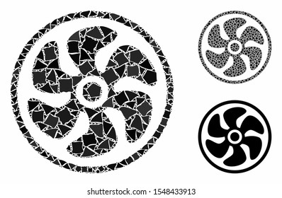 Turbine mosaic of unequal pieces in variable sizes and shades, based on turbine icon. Vector ragged pieces are organized into mosaic. Turbine icons collage with dotted pattern.