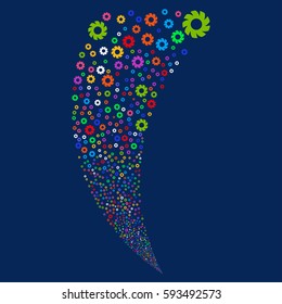 Turbine random fireworks stream. Vector illustration style is flat bright multicolored iconic symbols on a blue background. Object fountain combined from scattered pictograms.