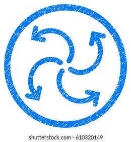 Turbine Rotation grainy textured icon inside circle for overlay watermark stamps. Flat symbol with dirty texture. Circled vector blue rubber seal stamp with grunge design.