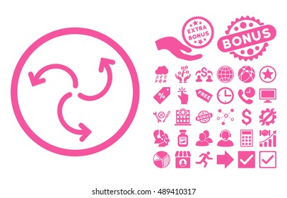 Turbine Rotation pictograph with bonus pictures. Vector illustration style is flat iconic symbols, pink color, white background.