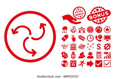Turbine Rotation pictograph with bonus symbols. Vector illustration style is flat iconic symbols, red color, white background.
