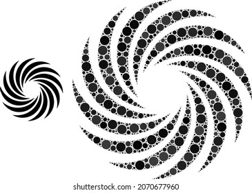 Turbine rotation vector mosaic of small circles in different sizes and color hues. Small circles are grouped into turbine rotation vector illustration. Abstract vector illustration.
