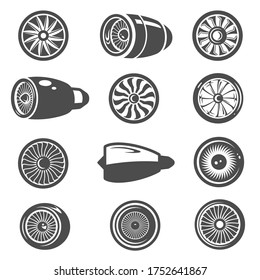 Turbine, turbomachine black and white isolated icons set. Mechanical device generating energy pictograms collection. Airplane turbine, engine power, blades, fan vector elements for infographic, web.