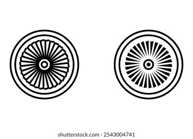 Turbine, Turbomaschine, schwarz-weiß, einzelne Symbole gesetzt. Mechanische Vorrichtung zur Erzeugung von Energiepiktogrammen. Flugzeugturbine, Motorleistung, Schaufeln, Ventilator