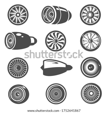 Turbine, turbomachine black and white isolated icons set. Mechanical device generating energy pictograms collection. Airplane turbine, engine power, blades, fan vector elements for infographic, web.