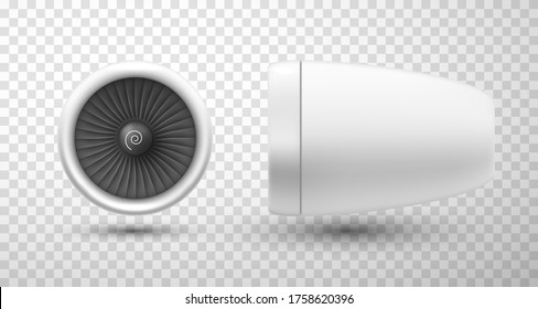 Turbine, turbomachine realistic set. Rotary mechanical device, generating energy. Front, side view. Airplane, aircraft turbine 3d vector illustration isolated on transparent background.