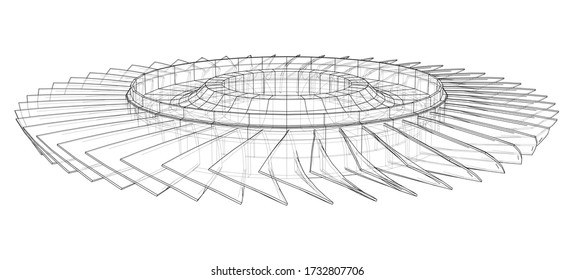 Turbine wheel concept outline. Vector rendering of 3d. Wire-frame style. The layers of visible and invisible lines are separated
