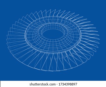Turbine wheel concept outline. Vector rendering of 3d. Wire-frame style. The layers of visible and invisible lines are separated