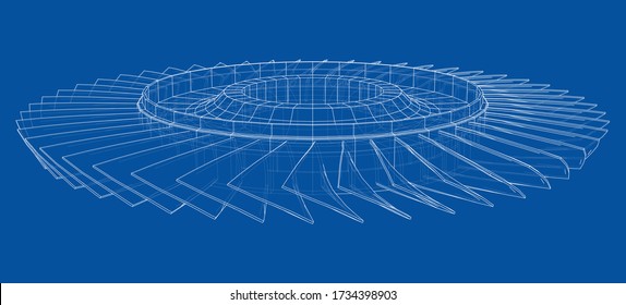 Esquema del concepto de la rueda de turbina. Representación vectorial de 3d. Estilo de marco de cables. Las capas de líneas visibles e invisibles están separadas