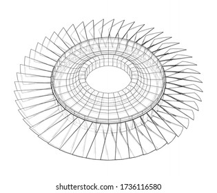 Turbine wheel concept outline. Vector rendering of 3d. Wire-frame style. The layers of visible and invisible lines are separated