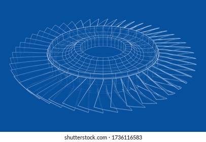 Turbine wheel concept outline. Vector rendering of 3d. Wire-frame style. The layers of visible and invisible lines are separated