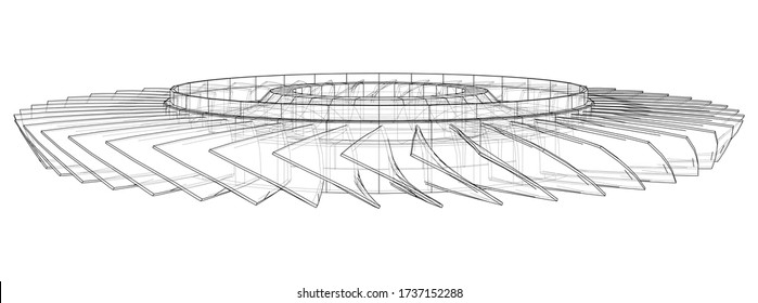Turbine wheel concept outline. Vector rendering of 3d. Wire-frame style. The layers of visible and invisible lines are separated
