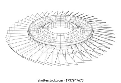 Turbine wheel concept outline. Vector rendering of 3d. Wire-frame style. The layers of visible and invisible lines are separated