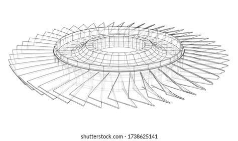 Turbine wheel concept outline. Vector rendering of 3d. Wire-frame style. The layers of visible and invisible lines are separated