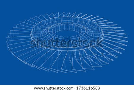 Turbine wheel concept outline. Vector rendering of 3d. Wire-frame style. The layers of visible and invisible lines are separated
