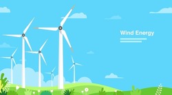 Turbine Wind Power Green Energy Electricity Concept Wind Energy Plant Windmill Renewable  Ecology With Green Grass Open Sky Vector Illustration