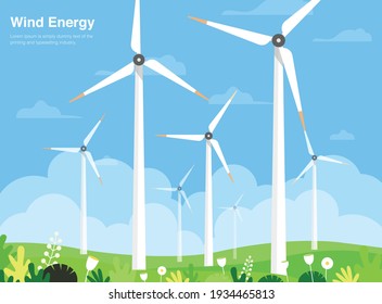 Turbine Wind Power Green Energy Electricity Concept Wind Energy Plant With Green Grass Open Sky Vector Illustration