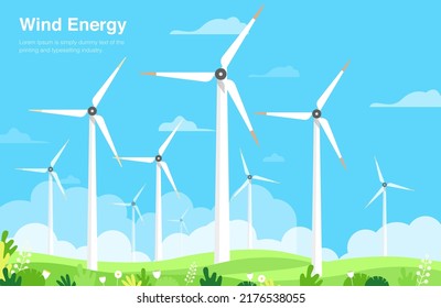 Turbine Wind Power Green Energy Electricity Concept Wind Energy Plant With Green Grass Open Sky Vector Illustration