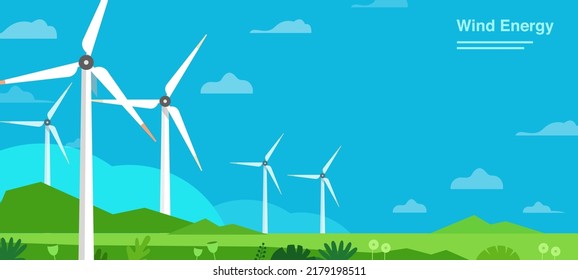 Turbine wind power green energy electricity concept wind energy plant windmill renewable  ecology with green grass open sky vector illustration