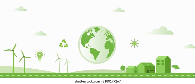 Turbine wind power green energy electricity concept wind energy plant with green grass open sky ecology concept vector illustration 